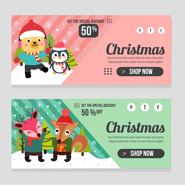 Web banner plantilla de navidad con ciervo perro pingüino ardilla