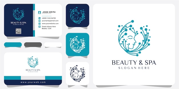 Web beauty face spa y concepto de diseño de logotipo de salón. Plantilla de diseño de logotipo de molécula de cara de belleza con tarjeta de visita