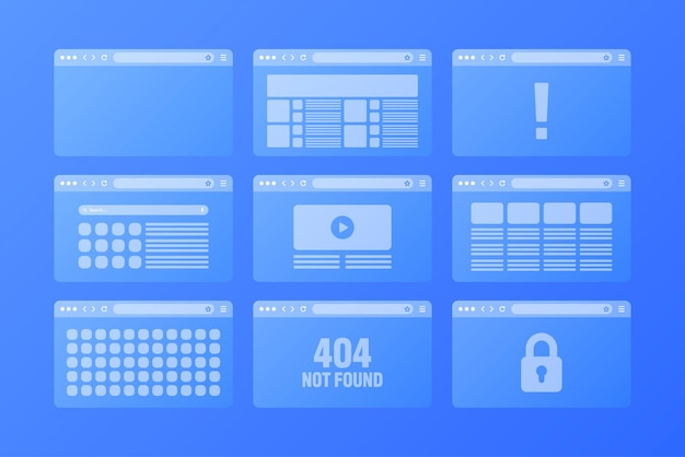 Web browser window transparent pages layout with toolbar and search field Modern website internet page Browser mockup for computer tablet and smartphone Adaptive UI Vector illustration