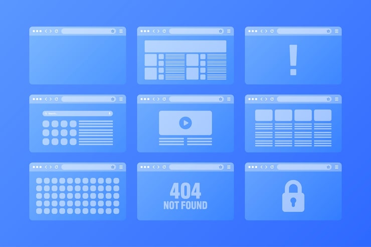 Vector web browser window transparent pages layout with toolbar and search field modern website internet page browser mockup for computer tablet and smartphone adaptive ui vector illustration