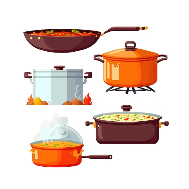 Vector web cook sartén olla con guiso hirviendo y freír alimentos en estufa de gas fuego aislado en el fondo ilustración de vector plano de dibujos animados
