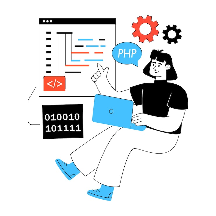 Vector web developer coding php on laptop with binary code and gears
