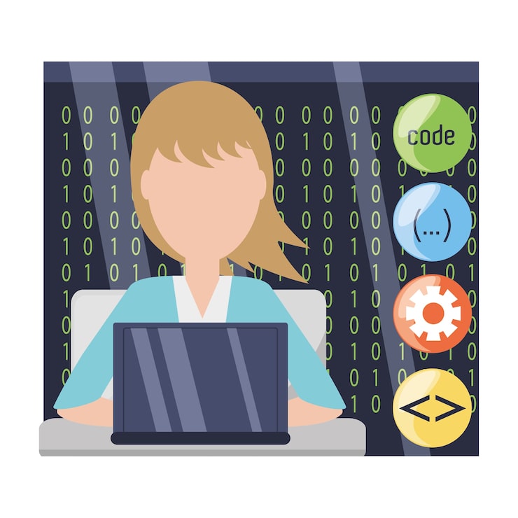 Vector web developer working on computer programming coding 