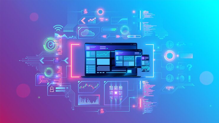 Vector web development and coding cross platform development website adaptive layout internet page or web interface on screen laptop tablet and phone web design concept illustration software development