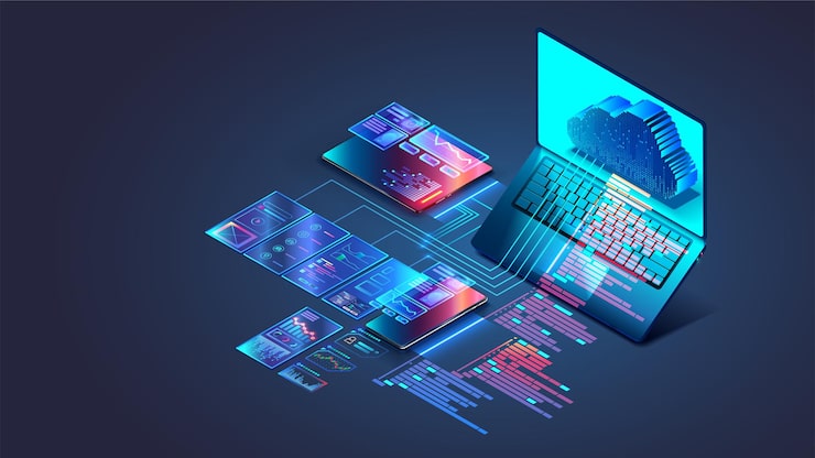 Vector web development and coding cross platform software development of website adaptive layout internet page or web interface on screen laptop tablet and phone isometric computer technology concept