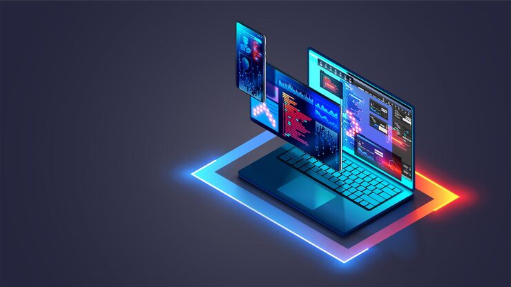 Vector web development and coding cross platform software development of website adaptive layout internet page or web interface on screen laptop tablet and phone isometric computer technology concept