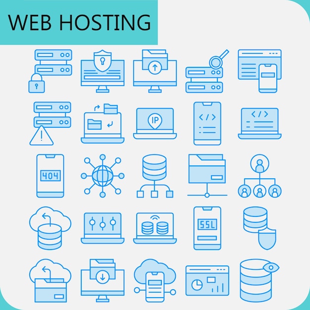 Web line hosting paquete de iconos azules para el servidor web