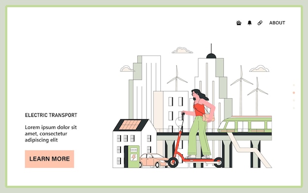 Vector web o aterrizaje de concienciación sobre la calidad del aire transporte urbano sostenible mujer en scooter eléctrico en