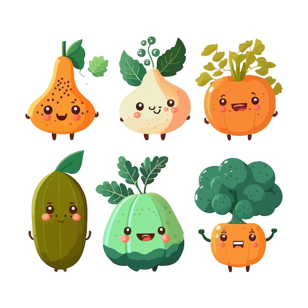 Web personajes vegetales lindos con caras kawaii graciosas aislado en el fondo ilustración de vector plano de dibujos animados