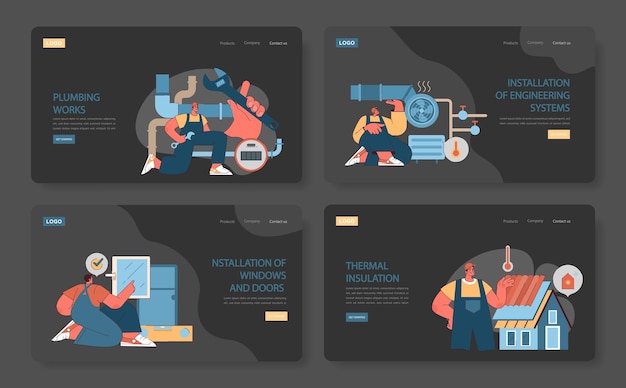 Web de trabajos de construcción o conjunto de aterrizaje banners web informativos que muestran la instalación de plomería hvac