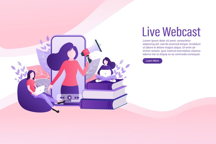 Vector webcast en vivo en estilo plano con personas. escuche el podcast. ilustración plana. ilustración vectorial.