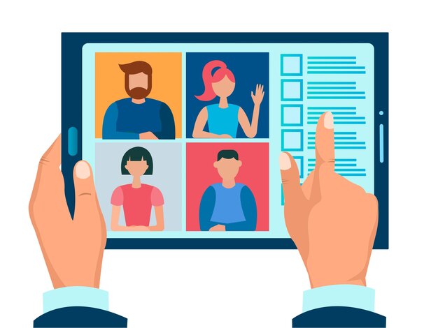 Webinar capacitación reunión de negocios en línea Una tableta en manos de un empresario Conferencia de Internet