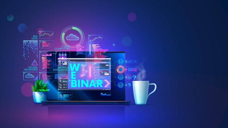 Vector webinar of technology web development laptop with education materials and programm interfaces on screen computer online tutorial of programming of artificial intelligence online webinar concept