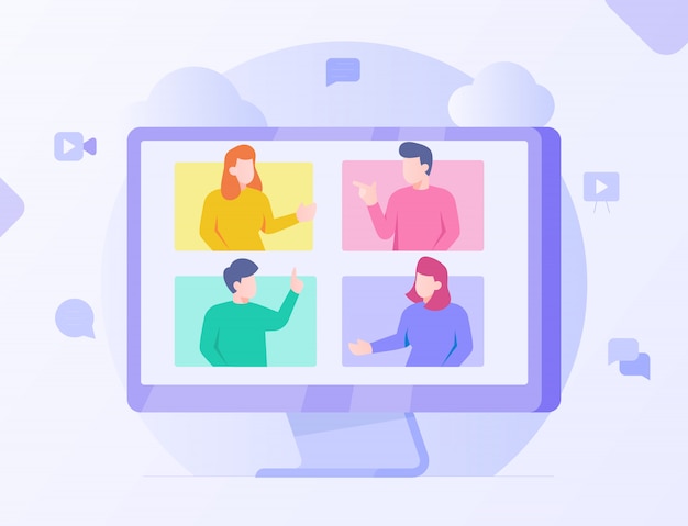Vector webinar de pantalla de computadora comunicación estudiantil e-learning con estilo moderno plano de dibujos animados.