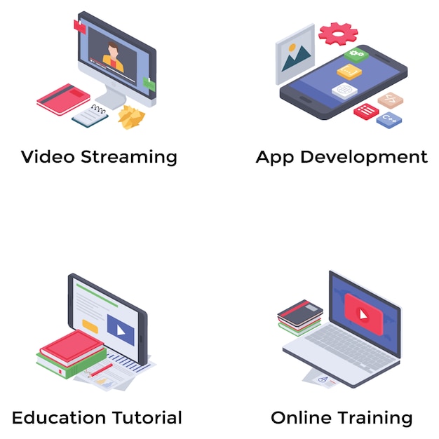 Webinar y Podcasting conjunto de vectores isométricos