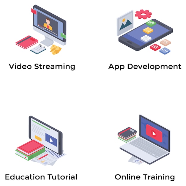 Webinar y podcasting conjunto de vectores isométricos