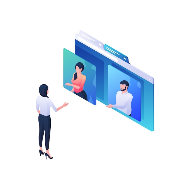 Webinar recomendaciones profesionales ilustración isométrica. El personaje femenino escucha y pregunta a dos presentadores en línea en el sitio azul. Ayuda calificada y concepto de formación multimedia.
