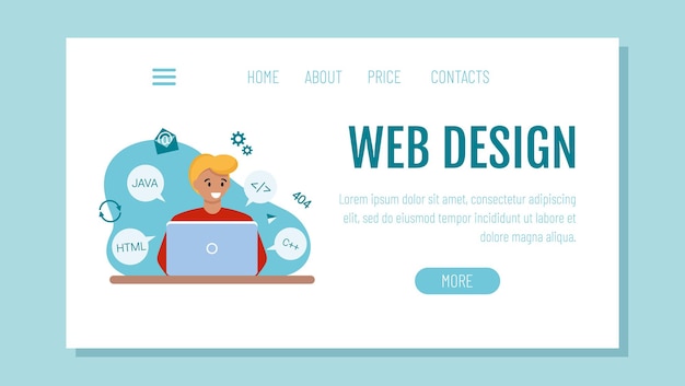 El webmaster se sienta frente a la computadora y los programas. Plantilla para un sitio web o página de destino. El concepto de trabajo a distancia.