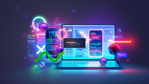 Website software development concept Web design site and mobile app on laptop testing on phone Code on screen laptop loading on smartphone from cloud storage Computer software technology banner