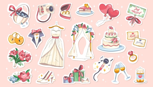 Wedding icons vector set marriage accessory for ceremony engagement items for bride and groom