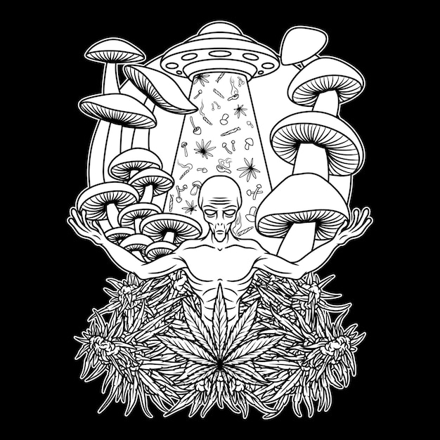 Vector weeds mushroom alien invasion ilustración en blanco y negro