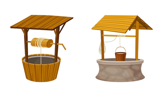 Well as Stone Structure in the Ground for Accessing Water Vector Illustration Set
