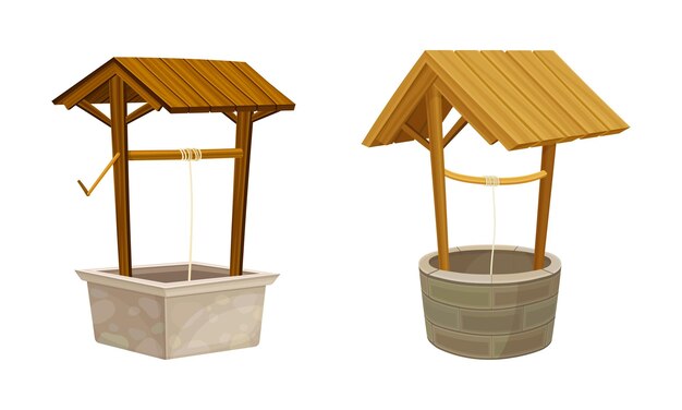 Well as Stone Structure in the Ground for Accessing Water Vector Illustration Set