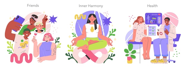 Wellness balance wheel set ilustraciones de amistad armonía interior y conceptos de salud con