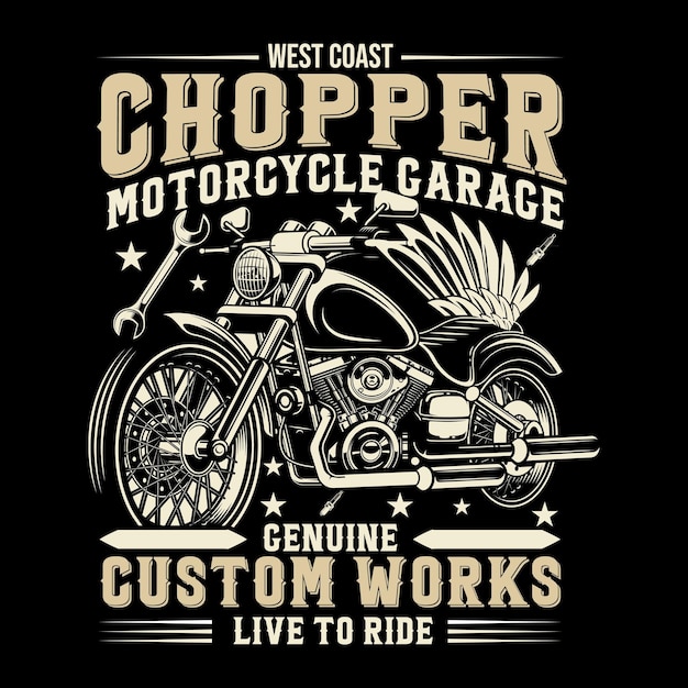 Vector west coast chopper motorcycle garage genuine custom works live to ride diseño de camiseta de moto