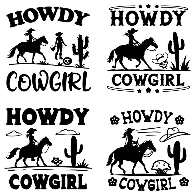 Western vector graphic set featuring cowgirls horses cacti skulls hats boots