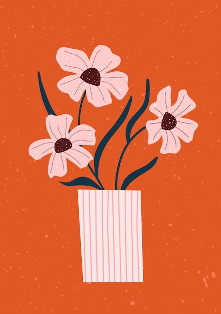 Whimsical flowers in a striped vase on bright orange background Playful and hand drawn