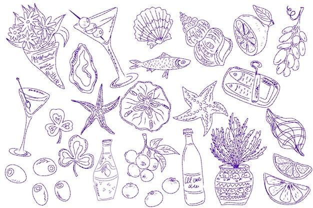 Whimsical hand drawn sketch set inspired by Mediterranean lifestyle Includes food drinks flowers summer decor and travel elements Perfect for branding packaging prints and stickers