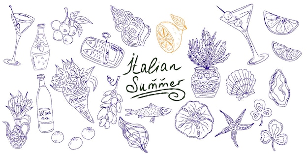 Whimsical hand drawn sketch set inspired by Mediterranean lifestyle Includes food drinks flowers summer decor and travel elements Perfect for branding packaging prints and stickers
