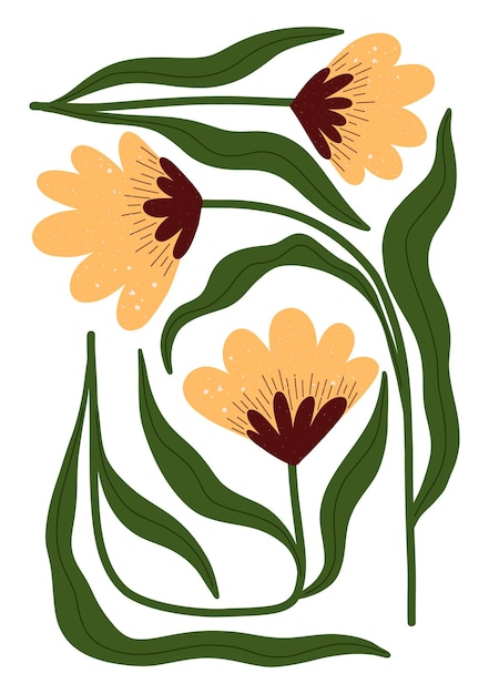 Whimsical yellow flowers with bold leaves in a clean hand drawn look Great for creative projects