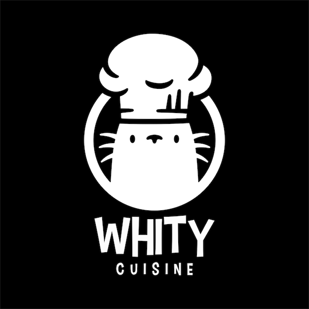 White cat chef restaurante cocina mascota de dibujos animados carácter logo vector icono ilustración