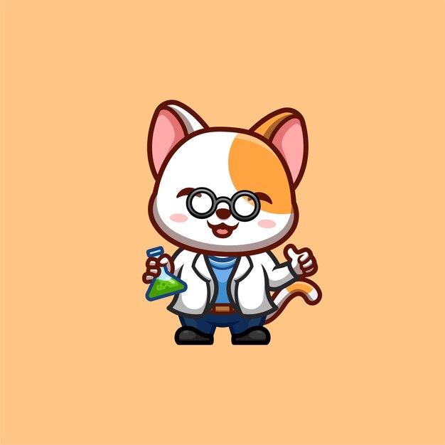 Vector white cat scientist cute creative kawaii cartoon mascot logo