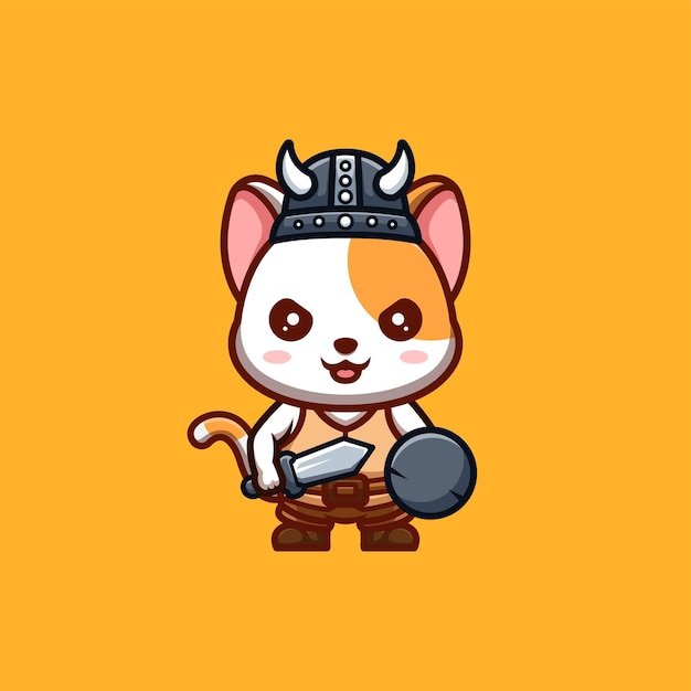 White Cat Viking Cute Creative Kawaii Cartoon Mascot Logo