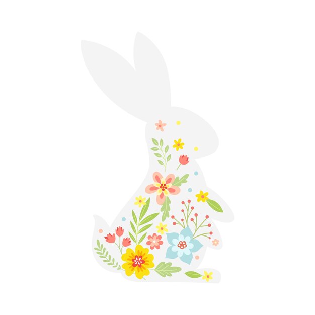 White Easter Rabbit with Flowers and Floral Decoration Inside Vector Illustration