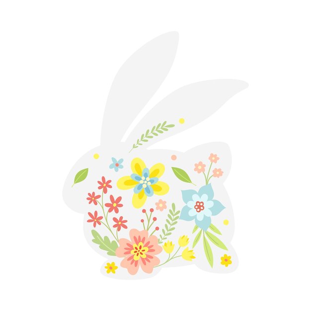 White Easter Rabbit with Flowers and Floral Decoration Inside Vector Illustration