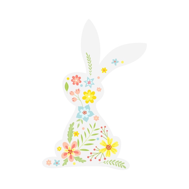 White Easter Rabbit with Flowers and Floral Decoration Inside Vector Illustration