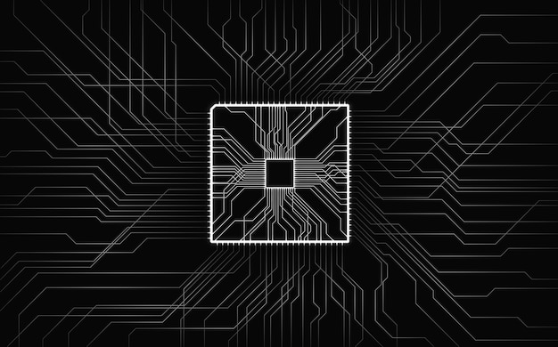 A white microchip is centered within an intricate design of circuit patterns against a solid black background The geometric layout emphasizes technology and connectivity