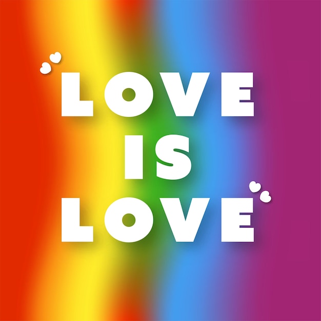 Vector white paper love is love font con corazones contra el fondo borroso de la raya del arco iris