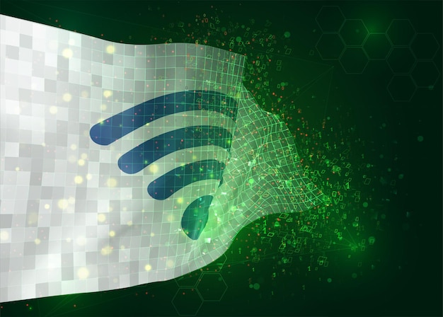 Wi-fi, en vector bandera 3d sobre fondo verde con polígonos y números de datos