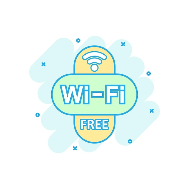 Wifi gratis icono en estilo cómic Wifi tecnología inalámbrica vector dibujos animados ilustración pictograma Red wifi concepto de negocio efecto de salpicadura