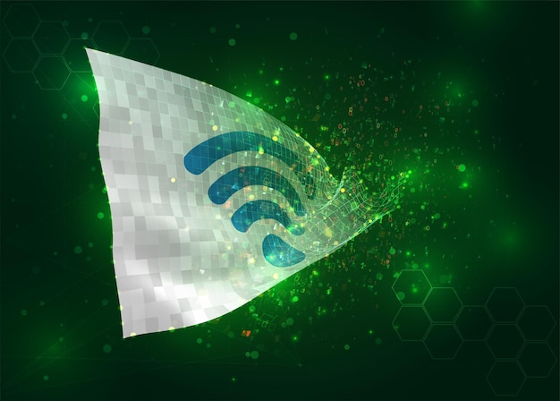 WiFi en vector 3d bandera sobre fondo verde con polígonos y números de datos