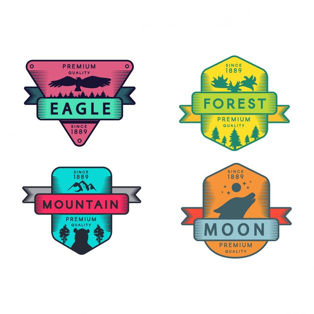 Wild eagle and mountain, moon and forest set logo