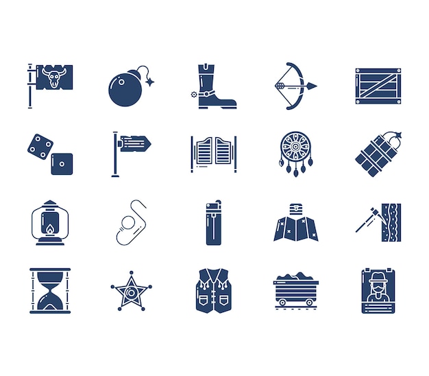 Wild West y conjunto de iconos de vector de vaquero