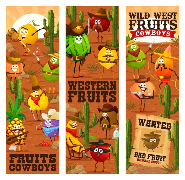 Vector wild west dibujos animados frutas vaqueros western rangers