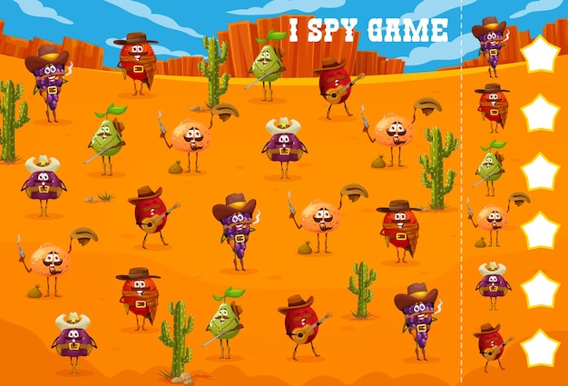 Wild West I spy game cartoon cowboy bandit and ranger fruit characters vector kids worksheet Pera fig y lychee con naranja y uva en un rompecabezas para buscar y encontrar las mismas frutas occidentales
