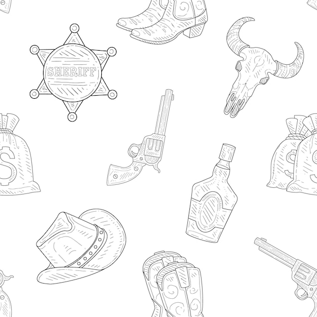 Wild West Patrón sin costuras Cowboy occidental Símbolos dibujados a mano Ilustración vectorial monocromática Diseño web